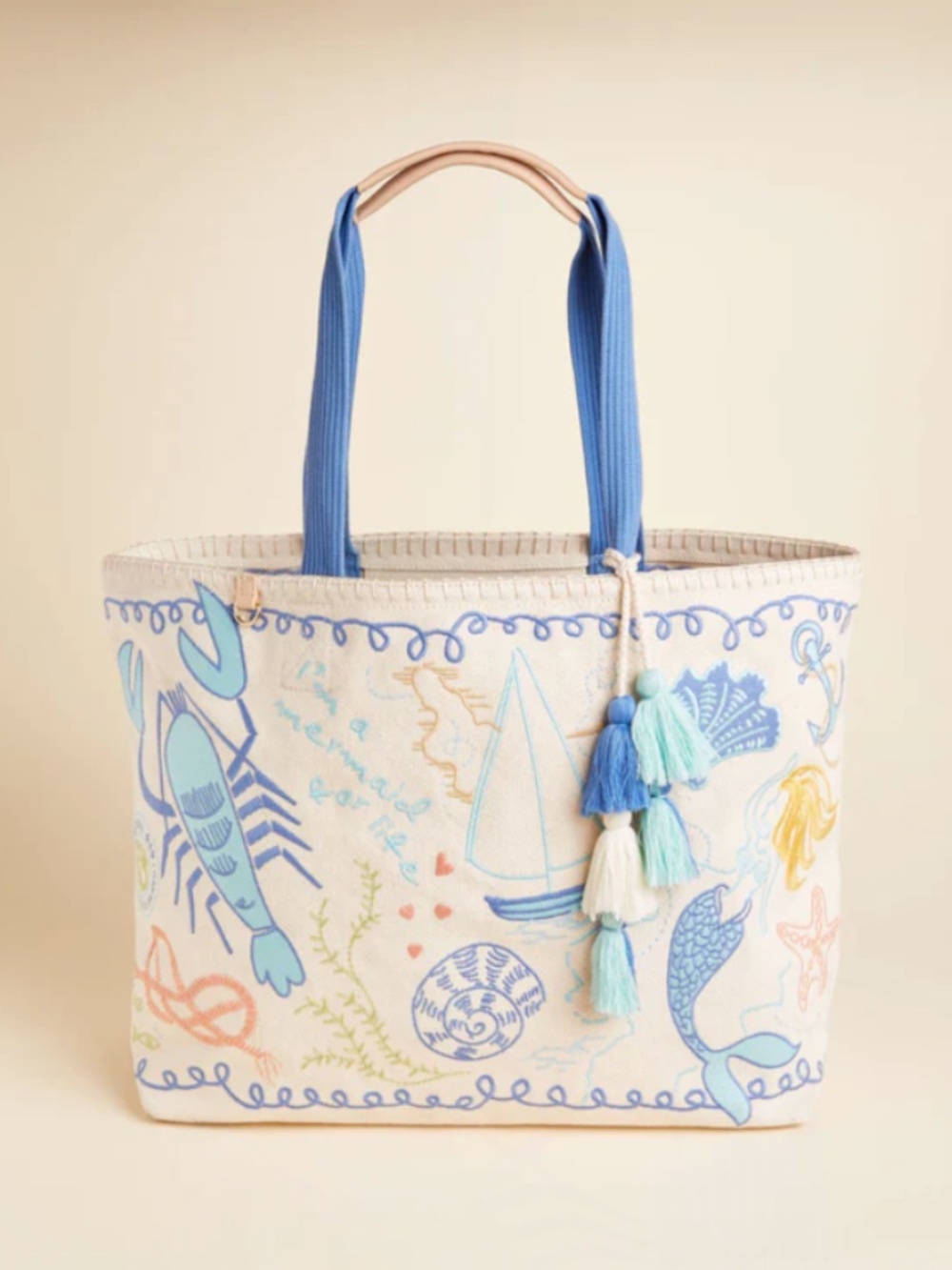 NWT Spartina 449 Overboard Embroidered Canvas Beach Tote Mermaid Lobster Seashel